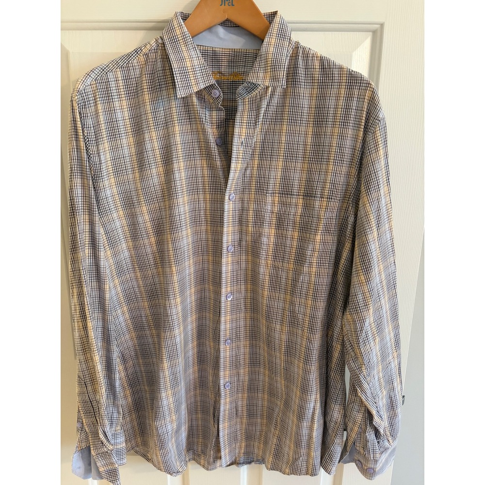 Tasso Elba Mens XL Plaid Button Down Shirt Blue Tan 100% Cotton Long Sleeve